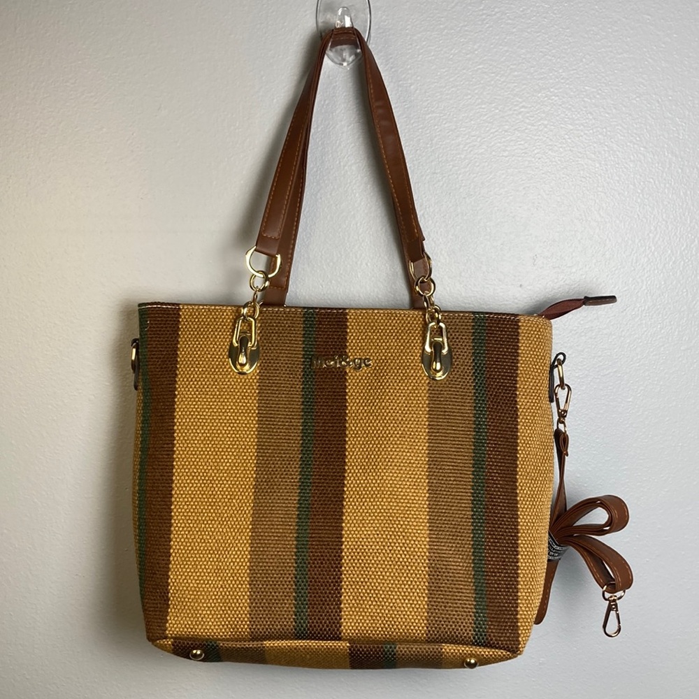 Mei&ge Brown, Gold, and Green Striped Tote Bag with Matching Pieces NWOT